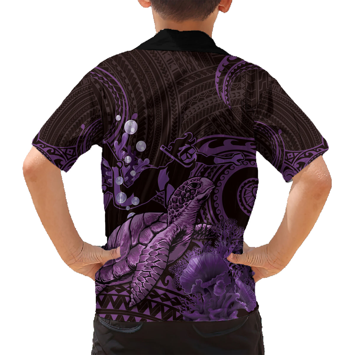 Purple Aloha Hawaii Kid Hawaiian Shirt Snorkeling With Sea Turtle Polynesian Pattern