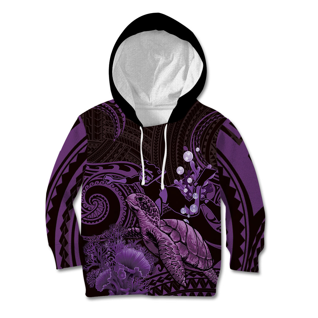 Purple Aloha Hawaii Kid Hoodie Snorkeling With Sea Turtle Polynesian Pattern