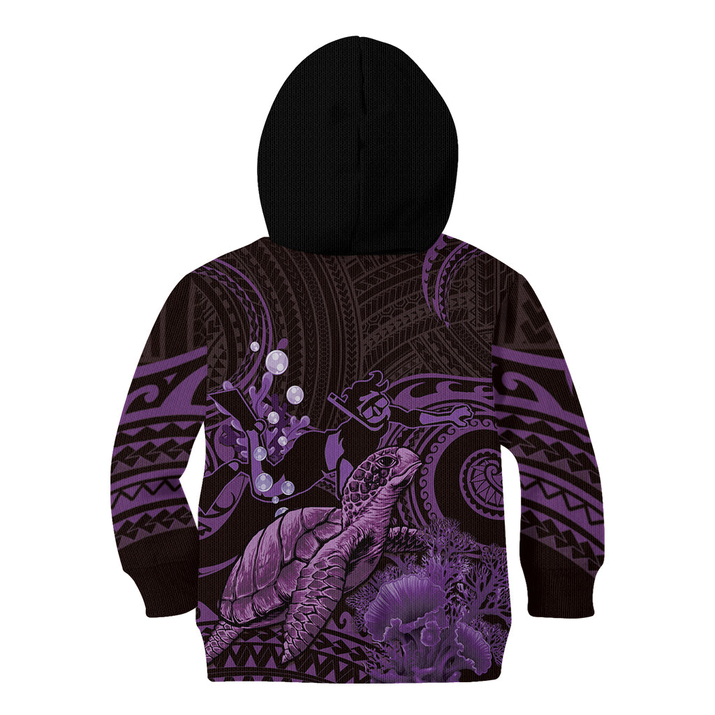 Purple Aloha Hawaii Kid Hoodie Snorkeling With Sea Turtle Polynesian Pattern