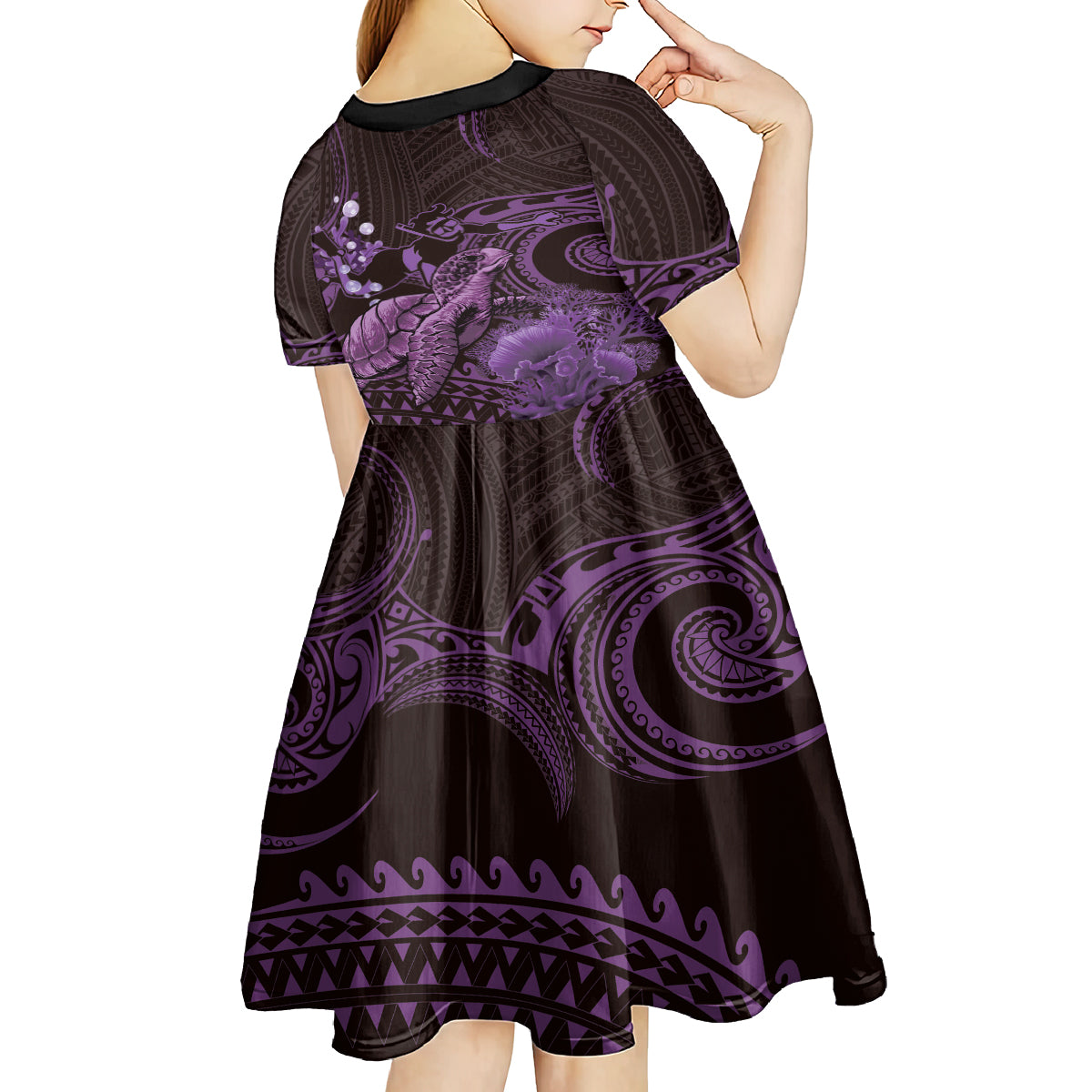 Purple Aloha Hawaii Kid Short Sleeve Dress Snorkeling With Sea Turtle Polynesian Pattern