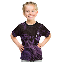 Purple Aloha Hawaii Kid T Shirt Snorkeling With Sea Turtle Polynesian Pattern