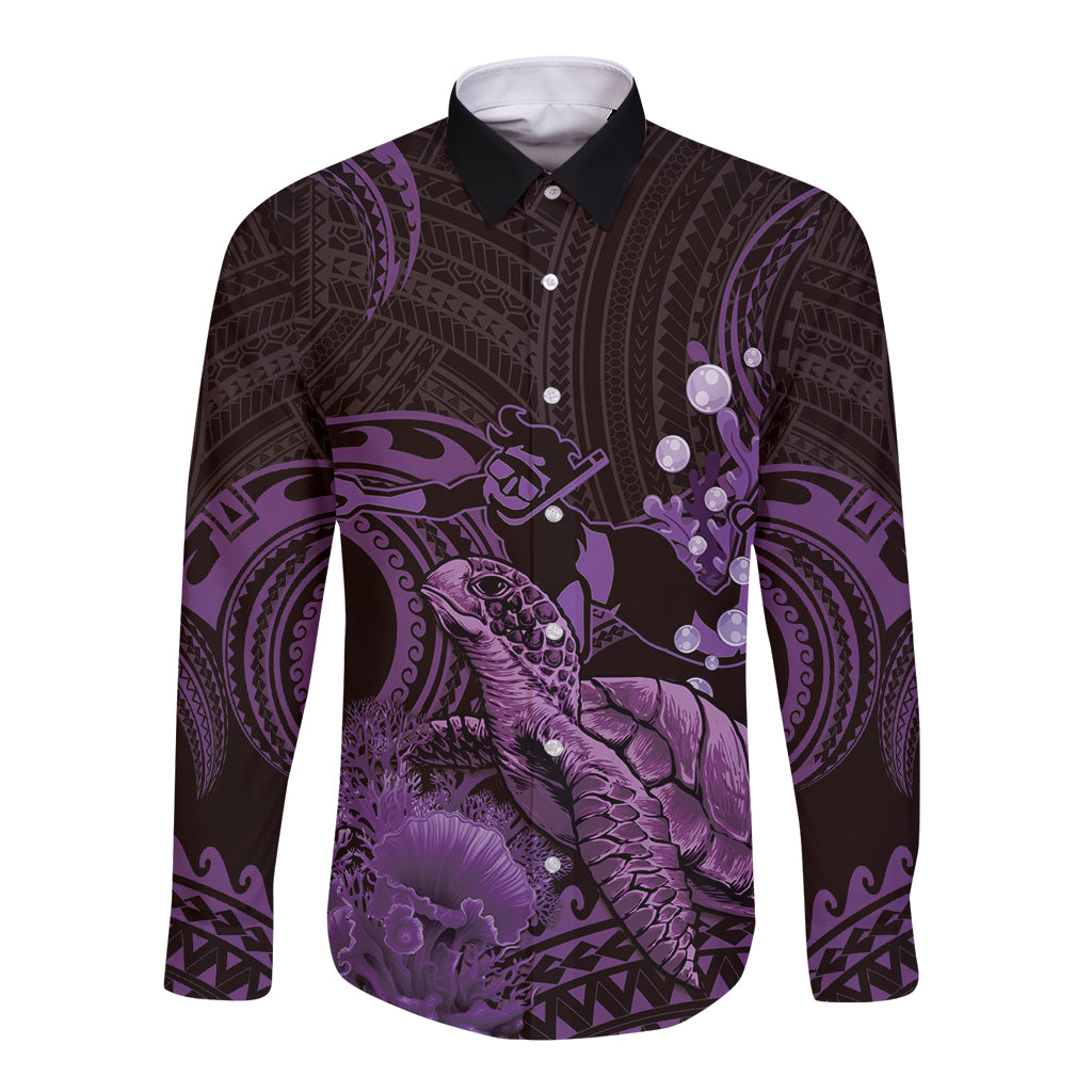 Purple Aloha Hawaii Long Sleeve Button Shirt Snorkeling With Sea Turtle Polynesian Pattern