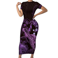 Purple Aloha Hawaii Short Sleeve Bodycon Dress Snorkeling With Sea Turtle Polynesian Pattern