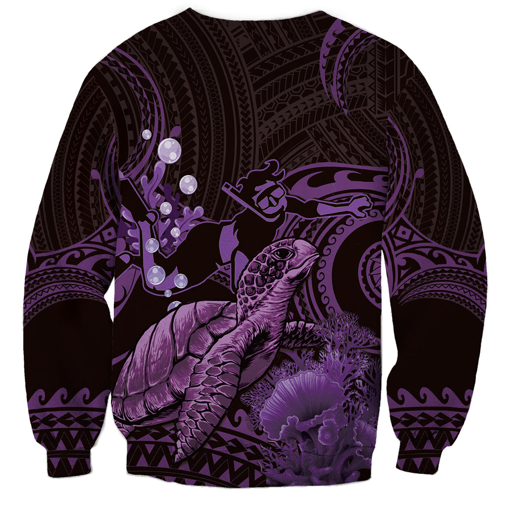 Purple Aloha Hawaii Sweatshirt Snorkeling With Sea Turtle Polynesian Pattern