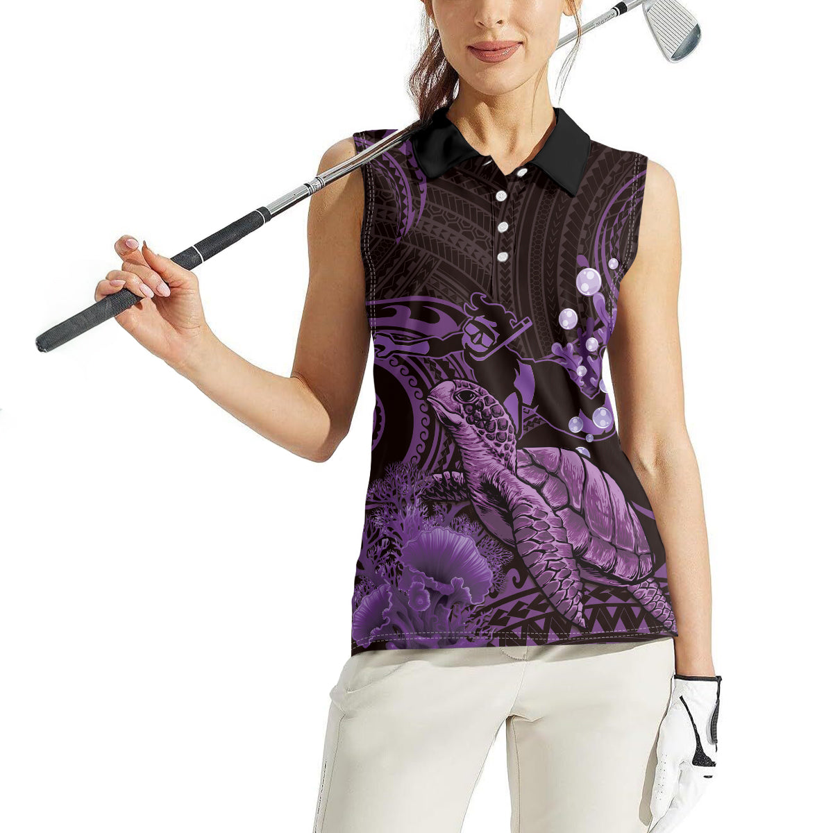 Purple Aloha Hawaii Women Sleeveless Polo Shirt Snorkeling With Sea Turtle Polynesian Pattern