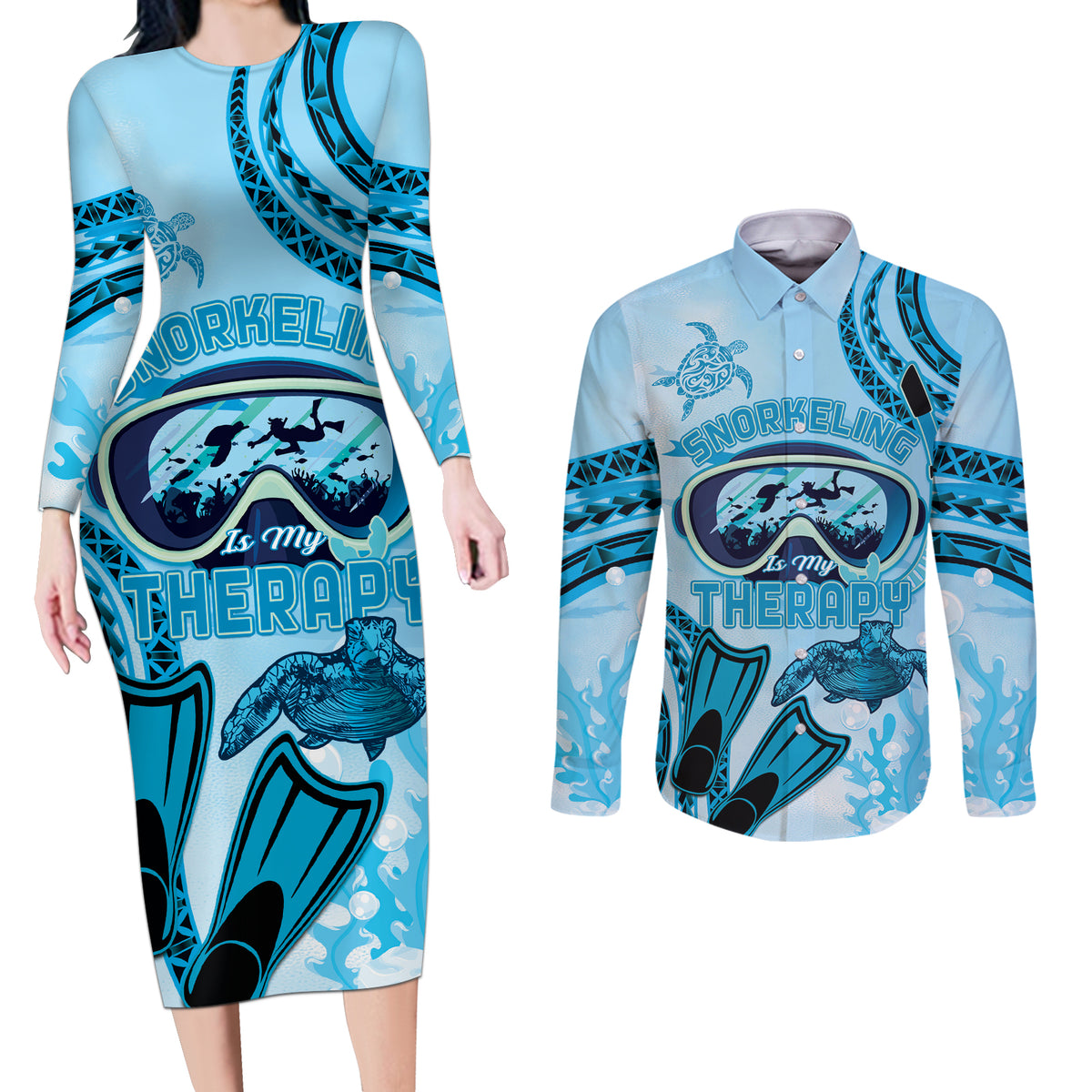 Hawaii Sea Turtle Snorkeling Is My Therapy Couples Matching Long Sleeve Bodycon Dress and Long Sleeve Button Shirt