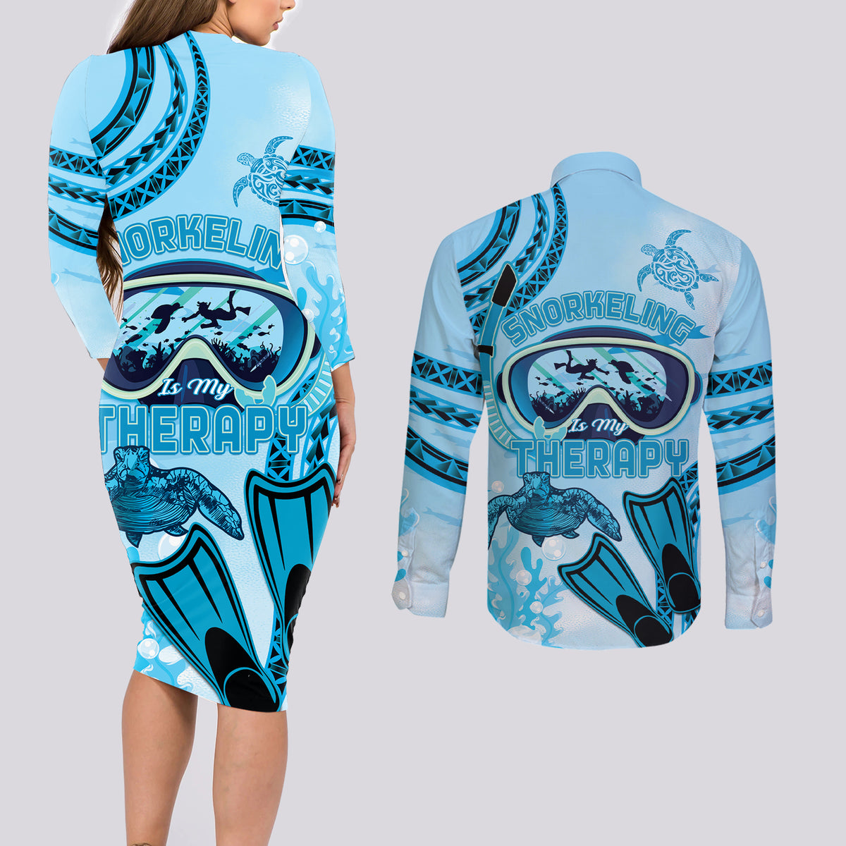 Hawaii Sea Turtle Snorkeling Is My Therapy Couples Matching Long Sleeve Bodycon Dress and Long Sleeve Button Shirt