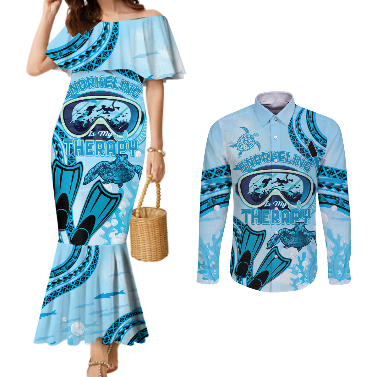 Hawaii Sea Turtle Snorkeling Is My Therapy Couples Matching Mermaid Dress and Long Sleeve Button Shirt