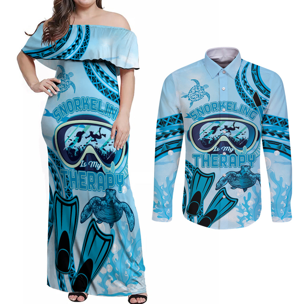 Hawaii Sea Turtle Snorkeling Is My Therapy Couples Matching Off Shoulder Maxi Dress and Long Sleeve Button Shirt