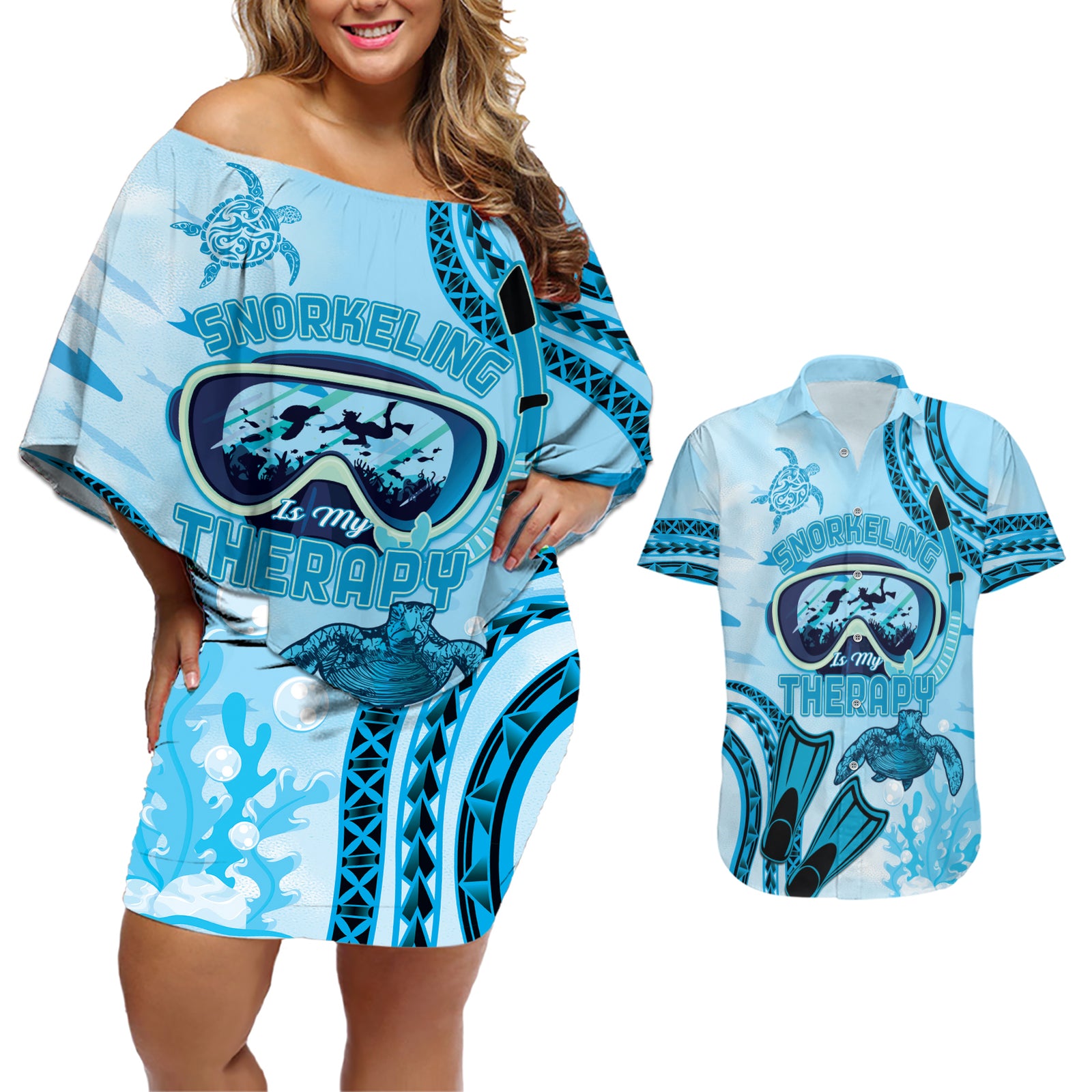 Hawaii Sea Turtle Snorkeling Is My Therapy Couples Matching Off Shoulder Short Dress and Hawaiian Shirt