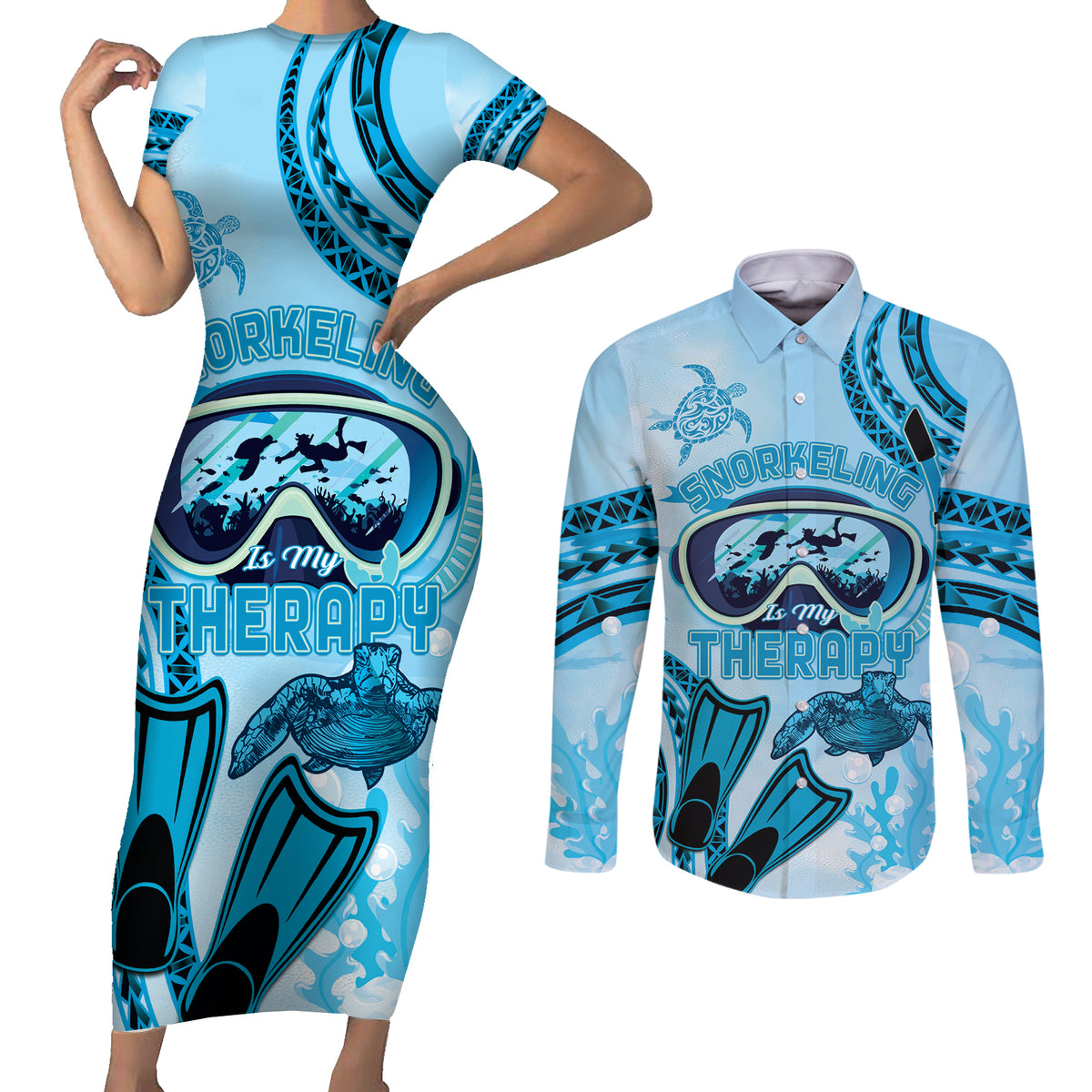 Hawaii Sea Turtle Snorkeling Is My Therapy Couples Matching Short Sleeve Bodycon Dress and Long Sleeve Button Shirt