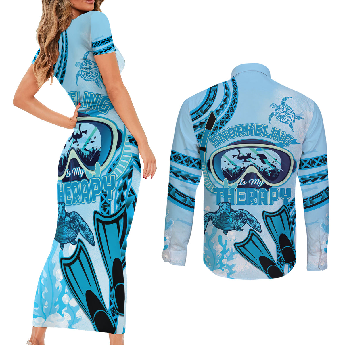 Hawaii Sea Turtle Snorkeling Is My Therapy Couples Matching Short Sleeve Bodycon Dress and Long Sleeve Button Shirt
