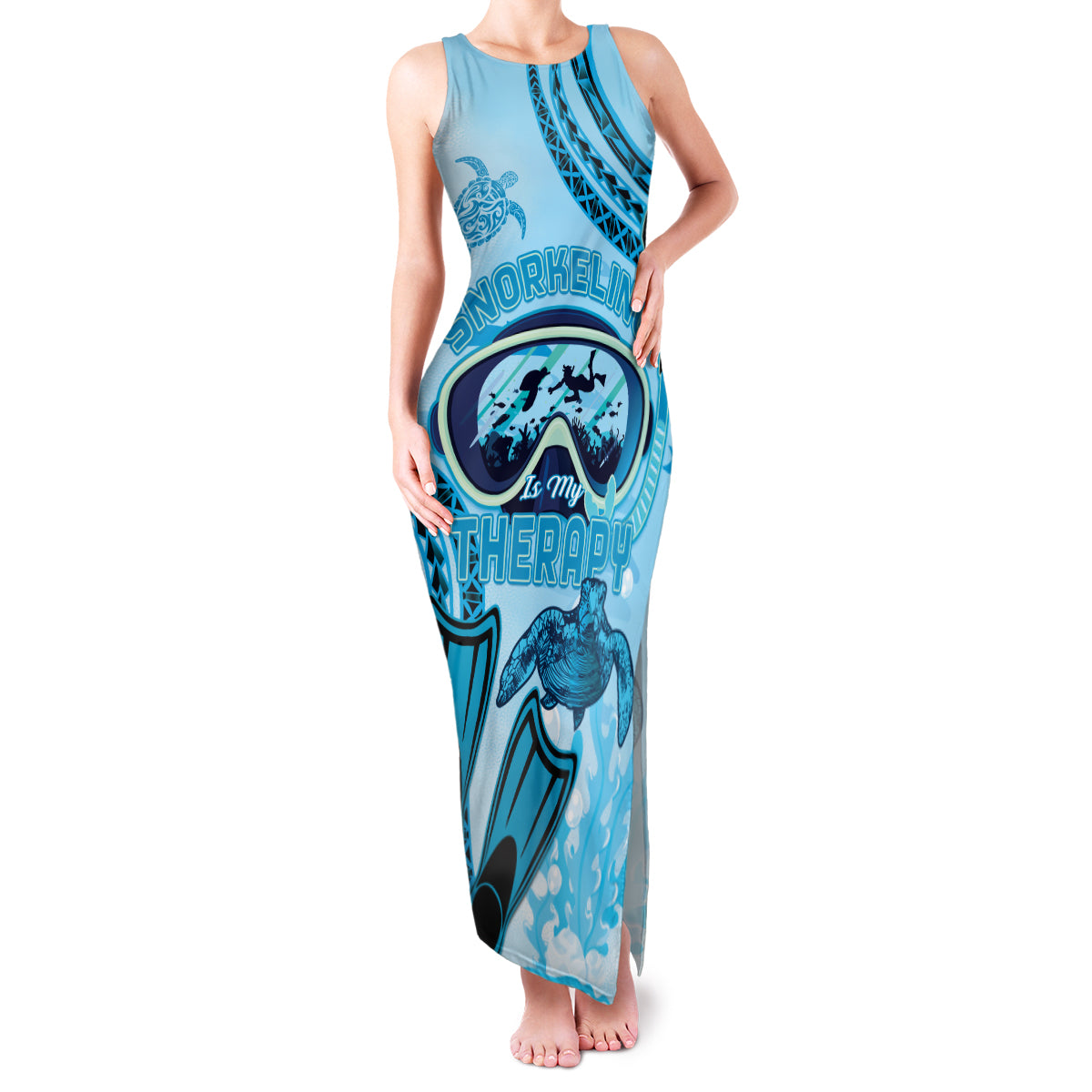 Hawaii Sea Turtle Snorkeling Is My Therapy Family Matching Tank Maxi Dress and Hawaiian Shirt