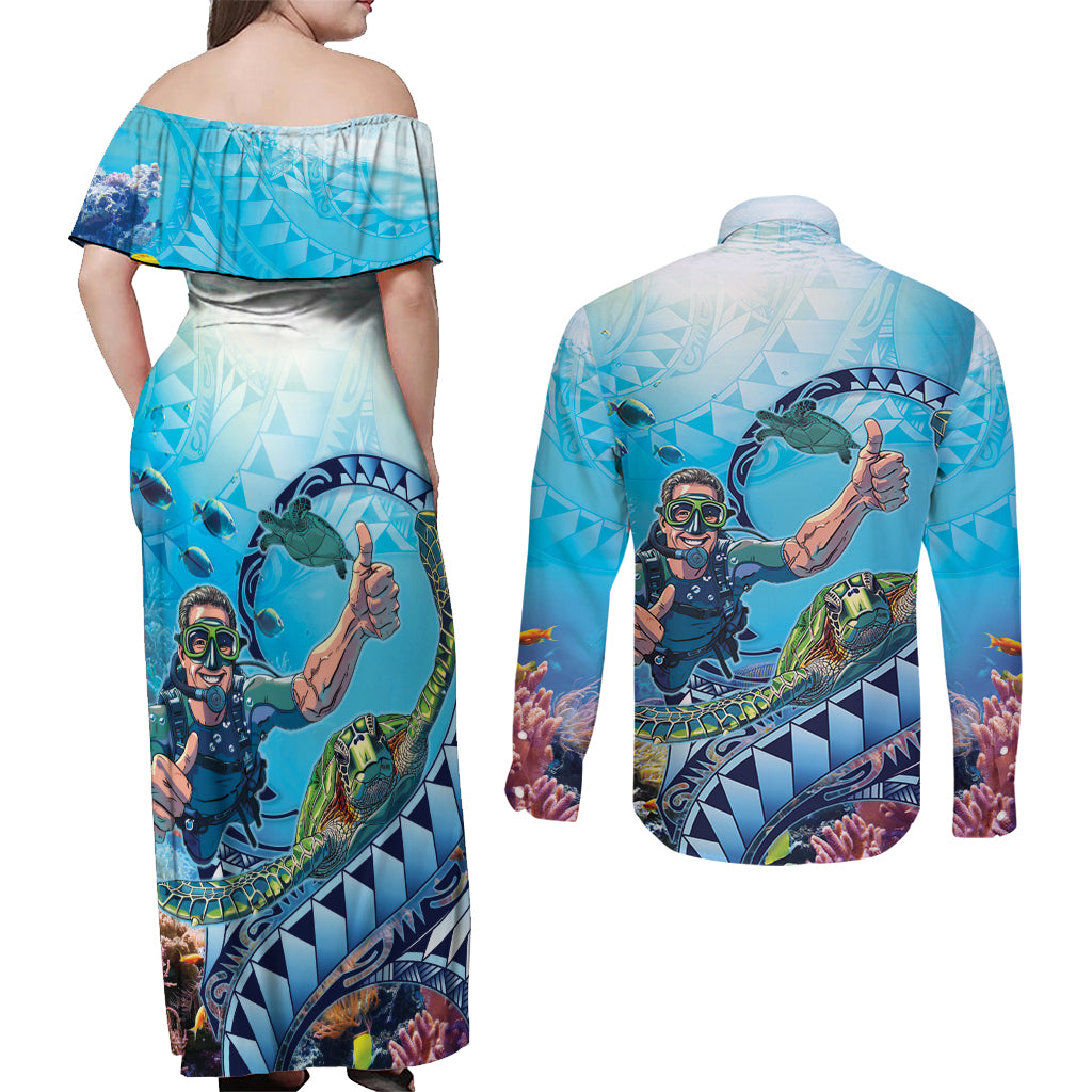 Hawaii Snorkeling Honu Turtle Couples Matching Off Shoulder Maxi Dress and Long Sleeve Button Shirt Under The Ocean Vibes LT14 - Polynesian Pride