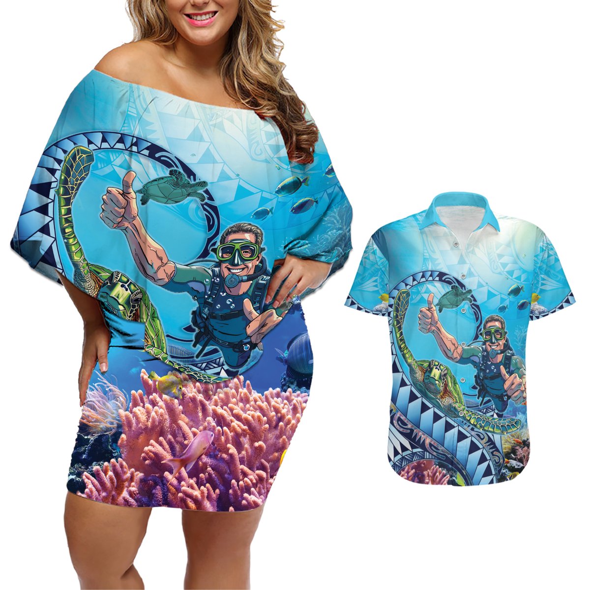 Hawaii Snorkeling Honu Turtle Couples Matching Off Shoulder Short Dress and Hawaiian Shirt Under The Ocean Vibes