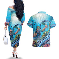 Hawaii Snorkeling Honu Turtle Couples Matching Off The Shoulder Long Sleeve Dress and Hawaiian Shirt Under The Ocean Vibes