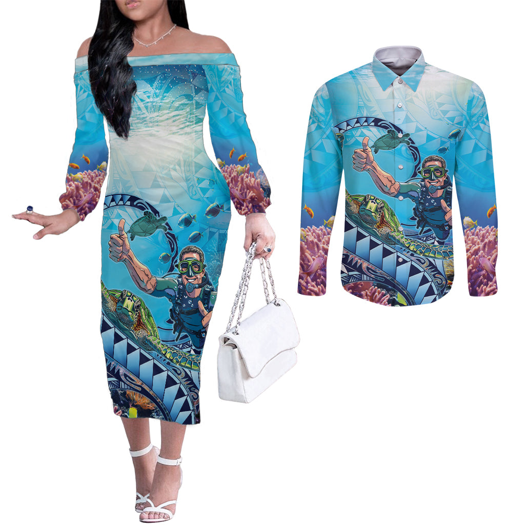 Hawaii Snorkeling Honu Turtle Couples Matching Off The Shoulder Long Sleeve Dress and Long Sleeve Button Shirt Under The Ocean Vibes