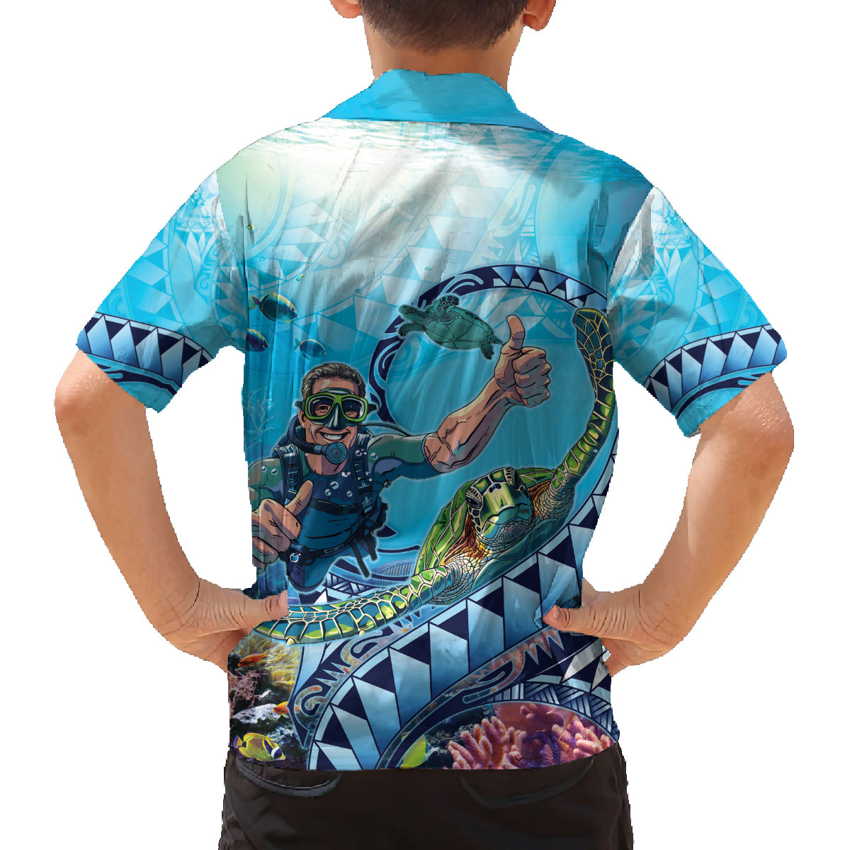 Hawaii Snorkeling Honu Turtle Family Matching Off The Shoulder Long Sleeve Dress and Hawaiian Shirt Under The Ocean Vibes LT14 - Polynesian Pride