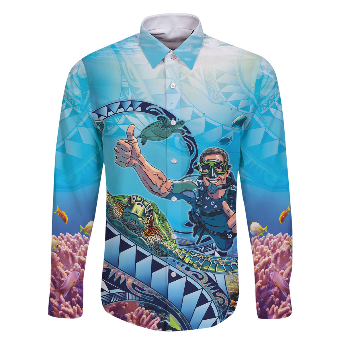 Hawaii Snorkeling Honu Turtle Family Matching Off The Shoulder Long Sleeve Dress and Hawaiian Shirt Under The Ocean Vibes LT14 Dad's Shirt - Long Sleeve Blue - Polynesian Pride