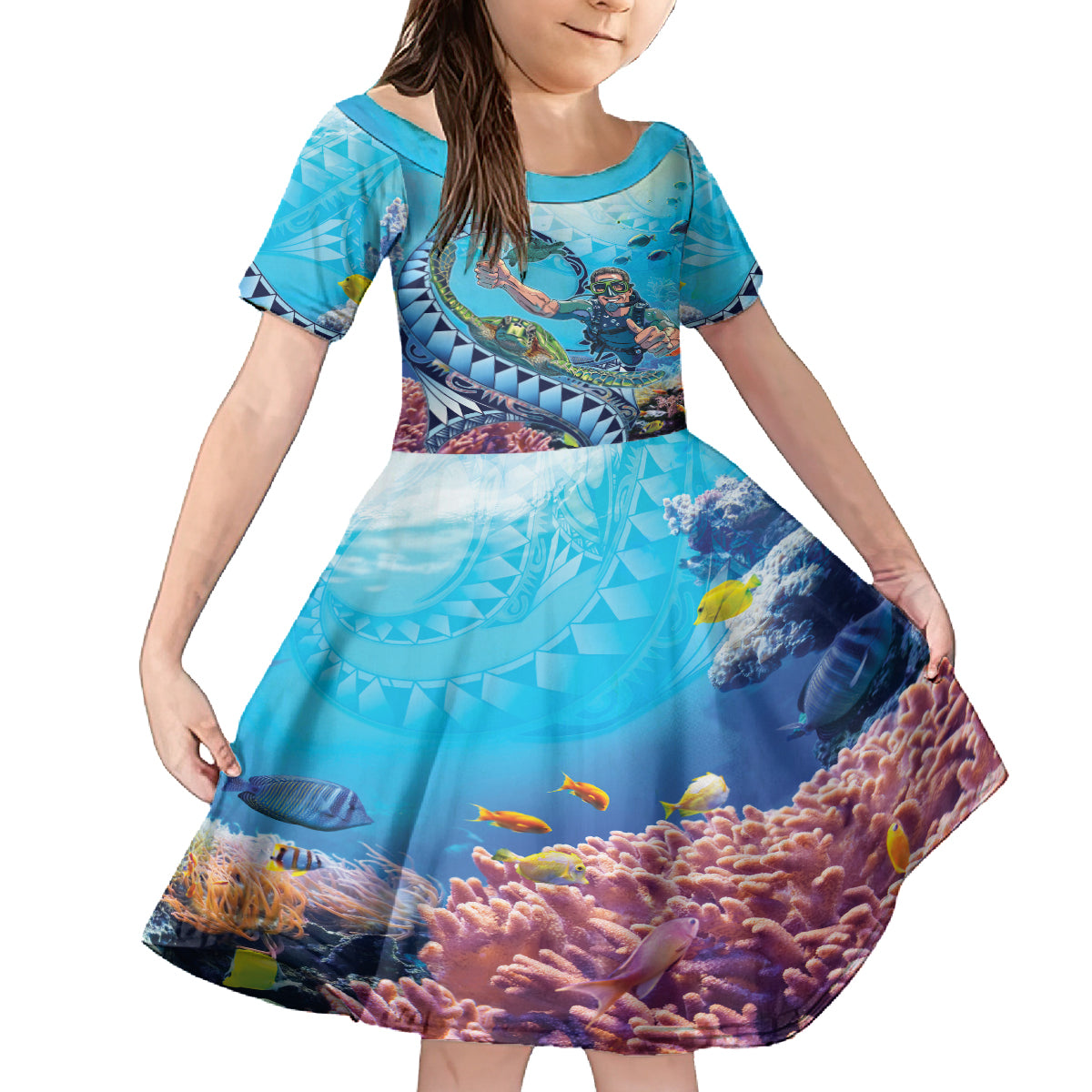Hawaii Snorkeling Honu Turtle Family Matching Puletasi and Hawaiian Shirt Under The Ocean Vibes LT14 Daughter's Dress Blue - Polynesian Pride