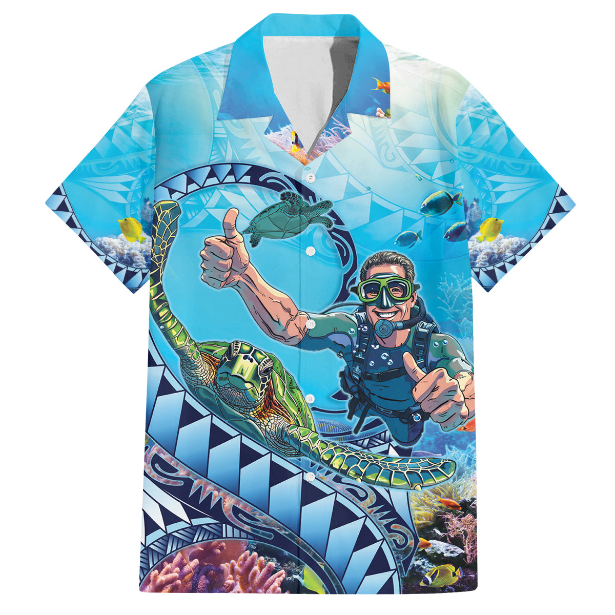 Hawaii Snorkeling Honu Turtle Family Matching Puletasi and Hawaiian Shirt Under The Ocean Vibes LT14 Dad's Shirt - Short Sleeve Blue - Polynesian Pride