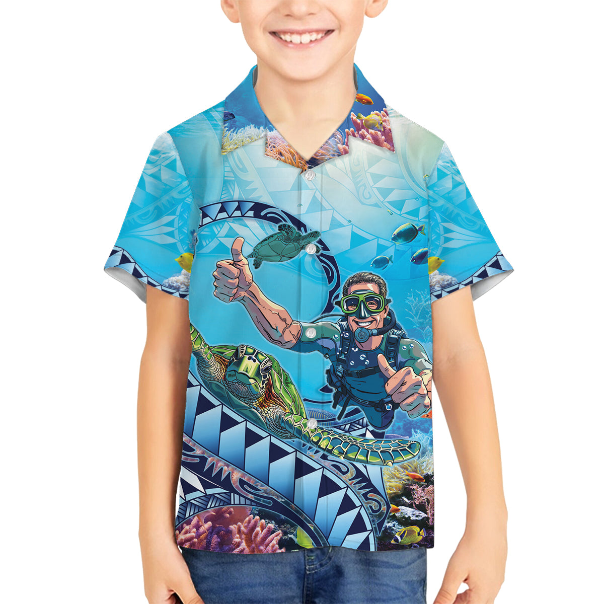 Hawaii Snorkeling Honu Turtle Family Matching Puletasi and Hawaiian Shirt Under The Ocean Vibes LT14 Son's Shirt Blue - Polynesian Pride