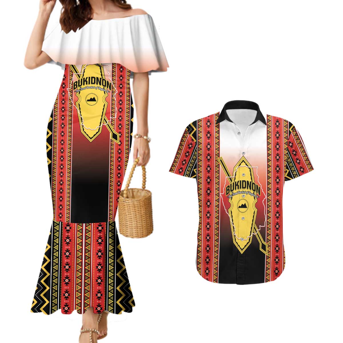 Personalised Bukidnon Philippines Couples Matching Mermaid Dress and Hawaiian Shirt The Food Basket of Region X LT14 Red - Polynesian Pride