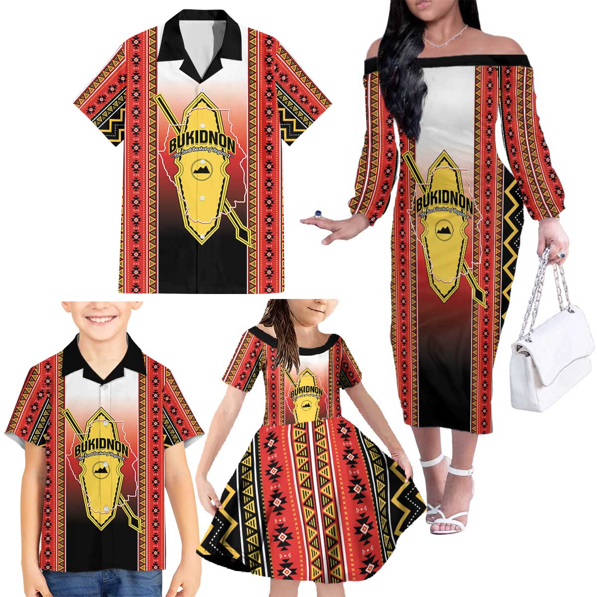 Personalised Bukidnon Philippines Family Matching Off The Shoulder Long Sleeve Dress and Hawaiian Shirt The Food Basket of Region X