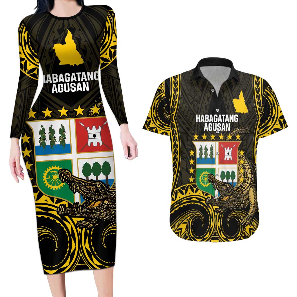 Agusan del Sur Philippines Couples Matching Long Sleeve Bodycon Dress and Hawaiian Shirt Habagatang Agusan Lolong LT14 Black - Polynesian Pride