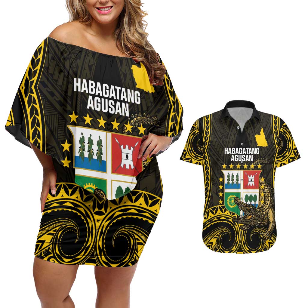Agusan del Sur Philippines Couples Matching Off Shoulder Short Dress and Hawaiian Shirt Habagatang Agusan Lolong LT14 Black - Polynesian Pride