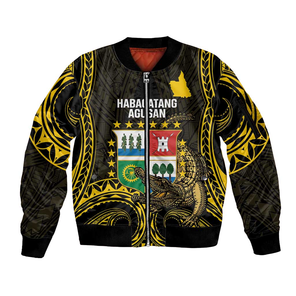 Agusan del Sur Philippines Sleeve Zip Bomber Jacket Habagatang Agusan Lolong LT14 Unisex Black - Polynesian Pride