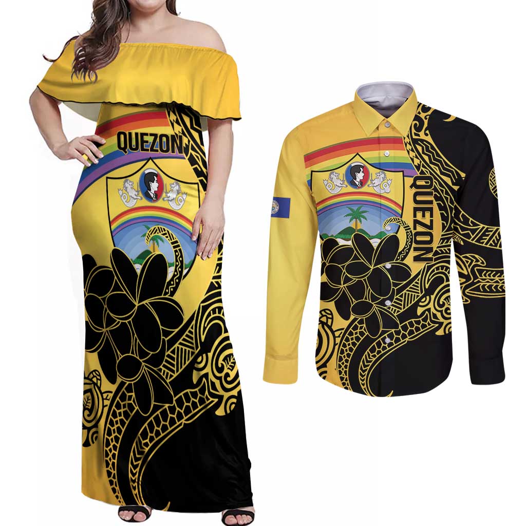 Quezon Province Couples Matching Off Shoulder Maxi Dress and Long Sleeve Button Shirt Cocolandia Philippines Turtle LT14 Gold - Polynesian Pride