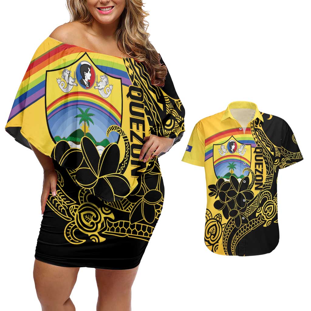 Quezon Province Couples Matching Off Shoulder Short Dress and Hawaiian Shirt Cocolandia Philippines Turtle LT14 Gold - Polynesian Pride