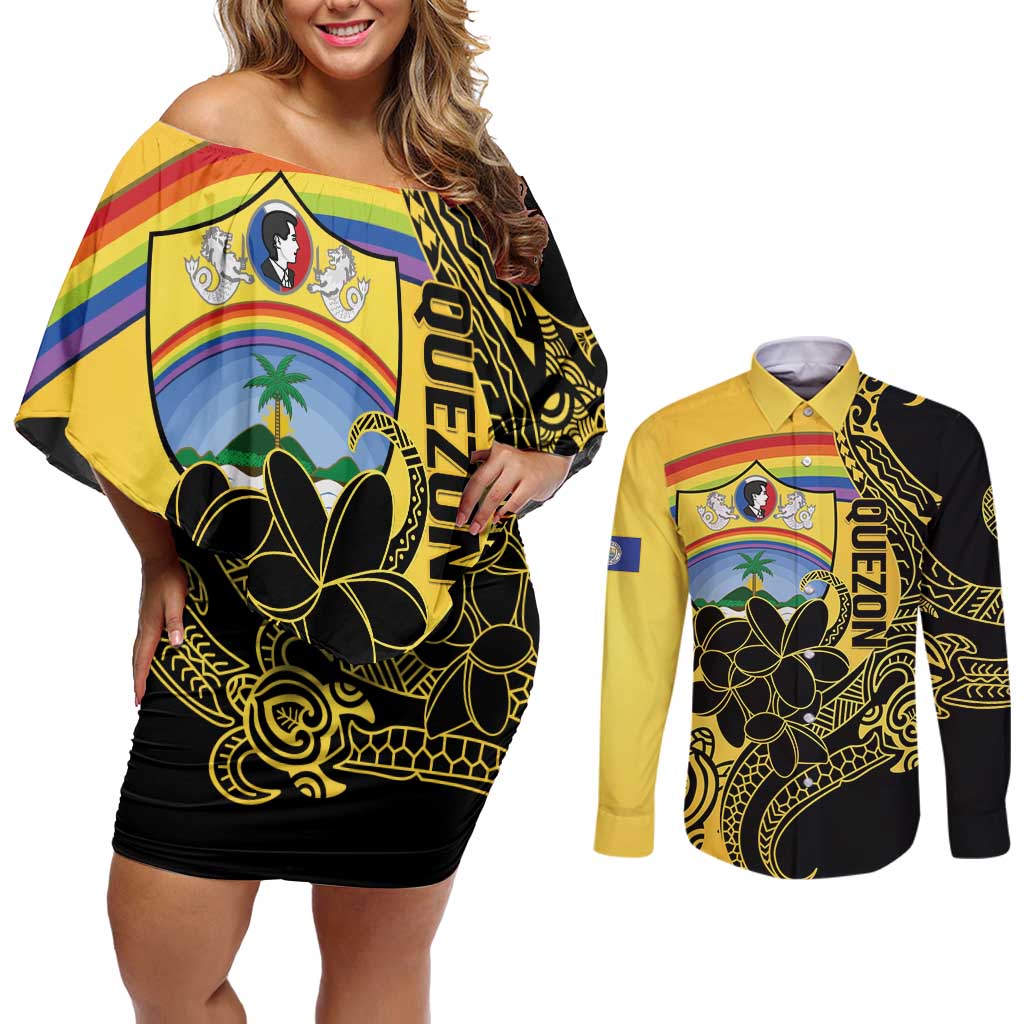 Quezon Province Couples Matching Off Shoulder Short Dress and Long Sleeve Button Shirt Cocolandia Philippines Turtle LT14 Gold - Polynesian Pride