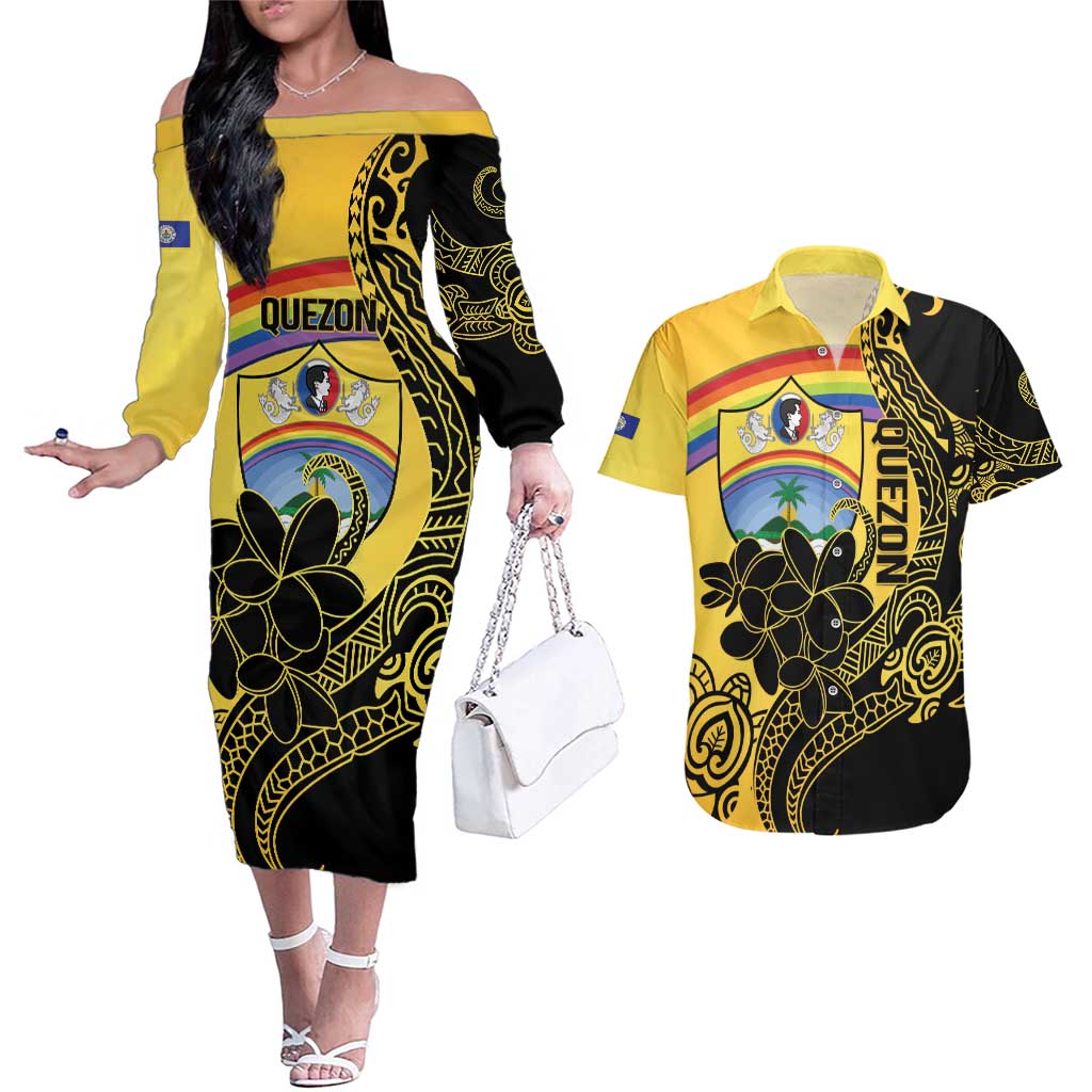 Quezon Province Couples Matching Off The Shoulder Long Sleeve Dress and Hawaiian Shirt Cocolandia Philippines Turtle LT14 Gold - Polynesian Pride