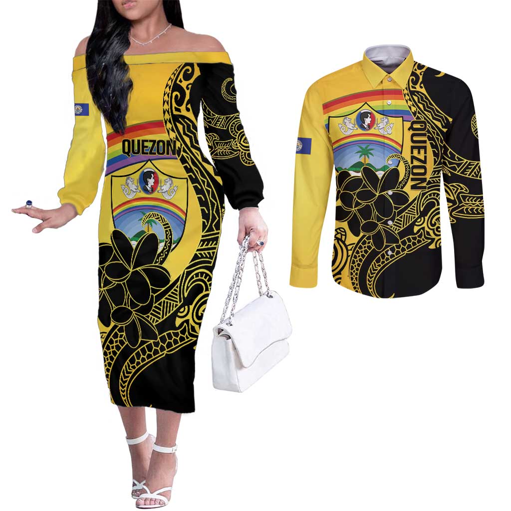 Quezon Province Couples Matching Off The Shoulder Long Sleeve Dress and Long Sleeve Button Shirt Cocolandia Philippines Turtle LT14 Gold - Polynesian Pride