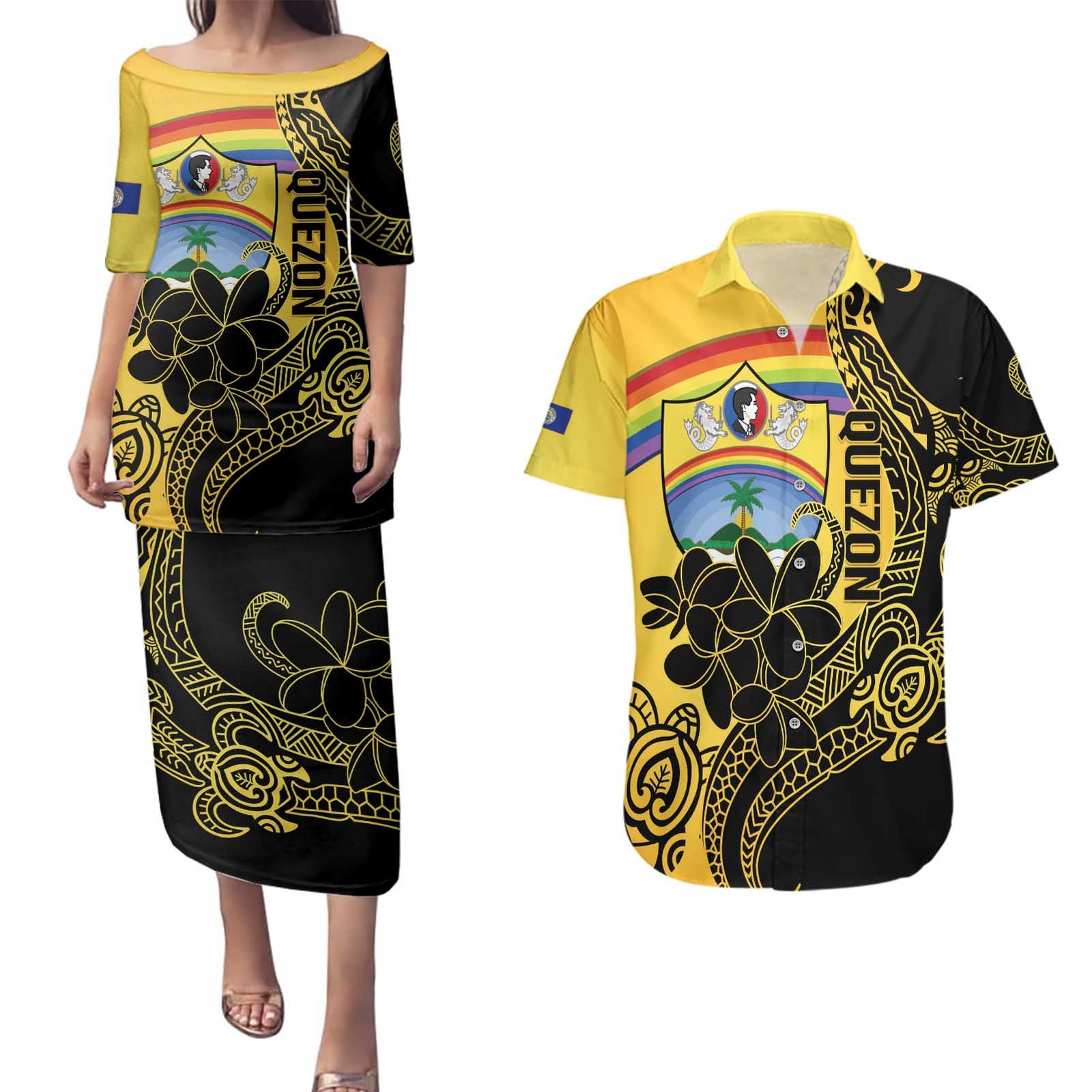 Quezon Province Couples Matching Puletasi and Hawaiian Shirt Cocolandia Philippines Turtle LT14 Gold - Polynesian Pride