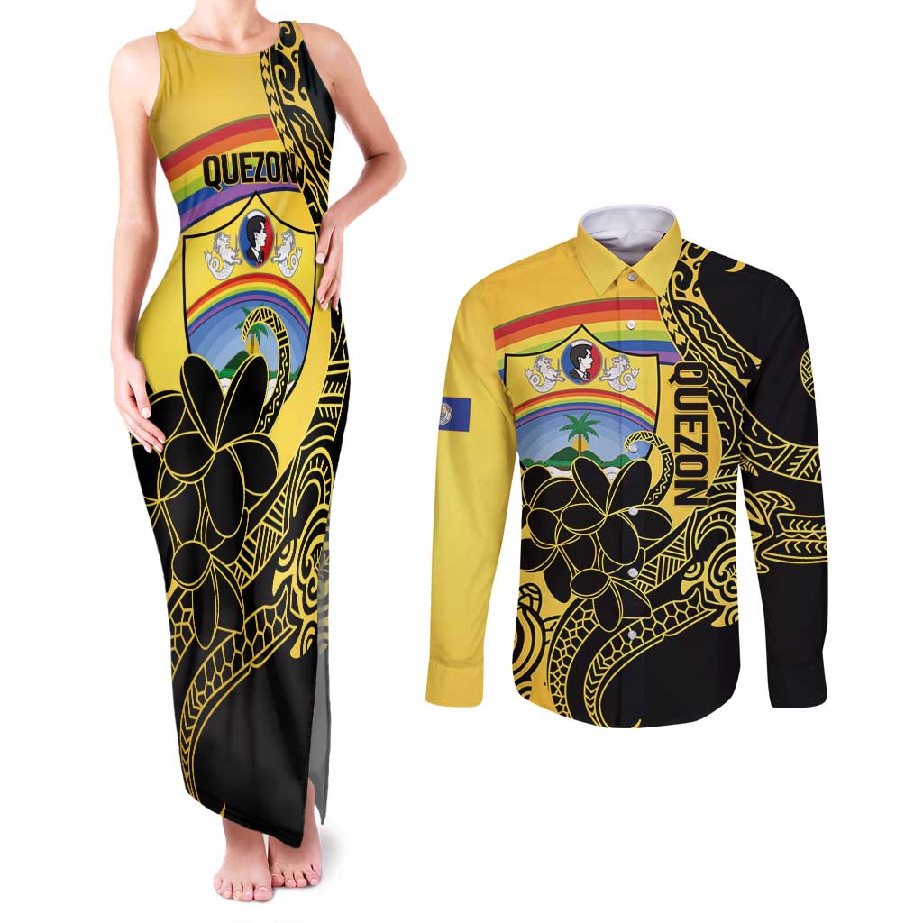 Quezon Province Couples Matching Tank Maxi Dress and Long Sleeve Button Shirt Cocolandia Philippines Turtle LT14 Gold - Polynesian Pride