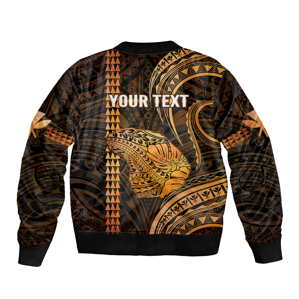 Personalised Hawaiian Islands Sleeve Zip Bomber Jacket Lani Map Gold Kanaka With Kakau LT14 - Polynesian Pride