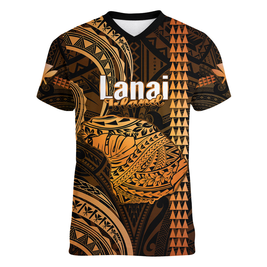Personalised Hawaiian Islands Women V Neck T Shirt Lani Map Gold Kanaka With Kakau LT14 Female Gold - Polynesian Pride