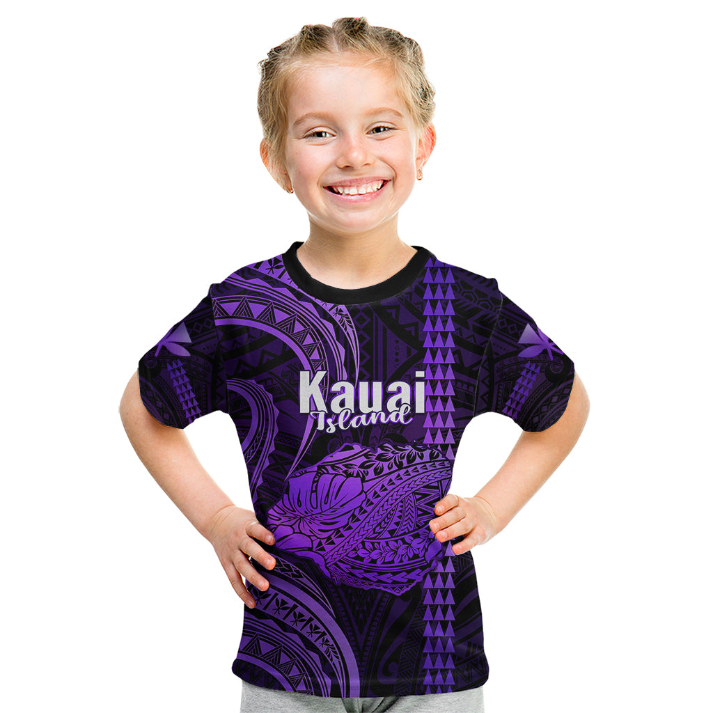 Personalised Hawaiian Islands Kid T Shirt Kauai Map Purple Kanaka With Kakau LT14 Purple - Polynesian Pride