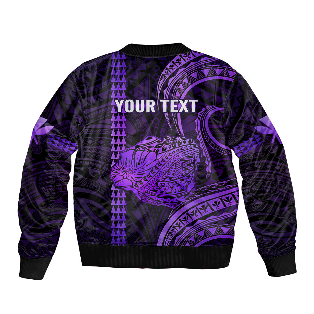 Personalised Hawaiian Islands Sleeve Zip Bomber Jacket Kauai Map Purple Kanaka With Kakau LT14 - Polynesian Pride
