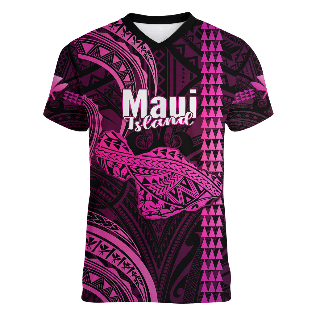 Personalised Hawaiian Islands Women V Neck T Shirt Maui Map Pink Kanaka With Kakau LT14 Female Pink - Polynesian Pride