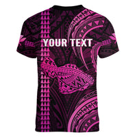 Personalised Hawaiian Islands Women V Neck T Shirt Maui Map Pink Kanaka With Kakau LT14 - Polynesian Pride