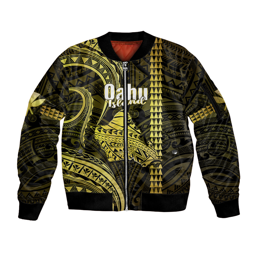 Polynesian Pride Hawaiian Islands Sleeve Zip Bomber Jacket Oahu Map Yellow Kanaka With Kakau LT14 Unisex Yellow - Polynesian Pride