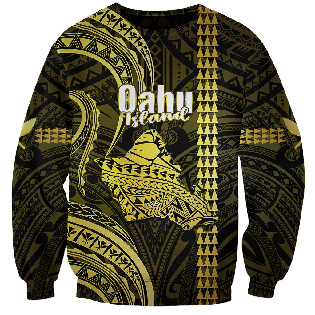 Personalised Hawaiian Islands Sweatshirt Oahu Map Yellow Kanaka With Kakau LT14 Unisex Yellow - Polynesian Pride