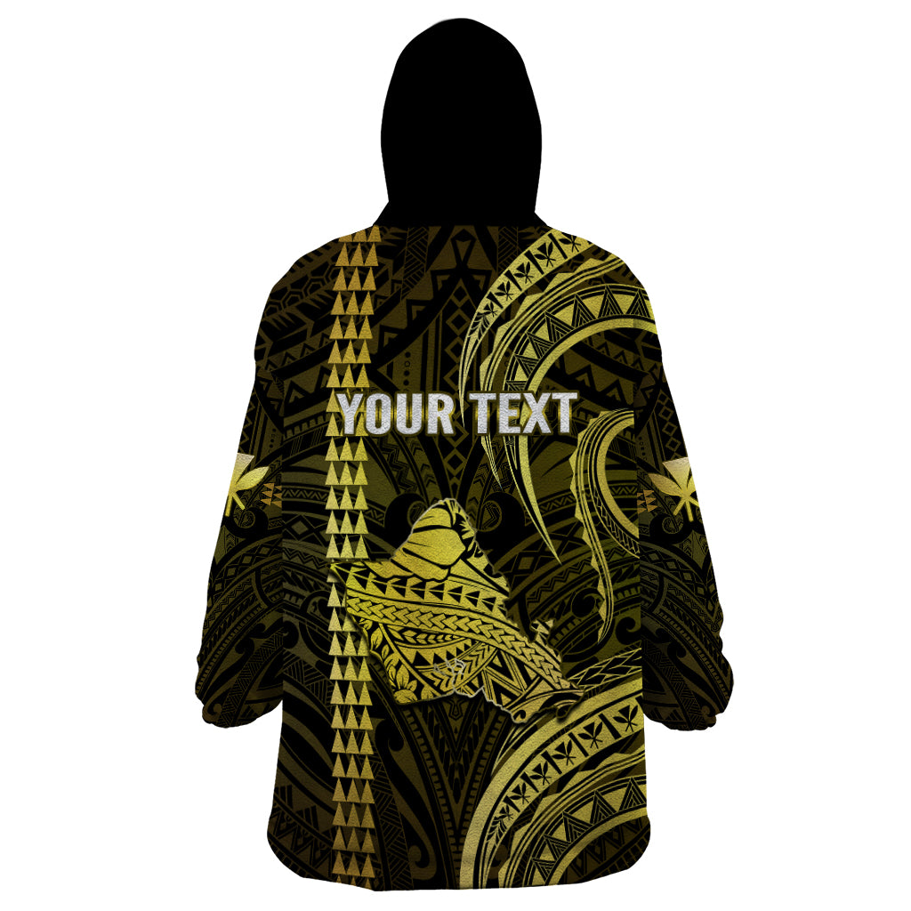 Personalised Hawaiian Islands Wearable Blanket Hoodie Oahu Map Yellow Kanaka With Kakau LT14 - Polynesian Pride