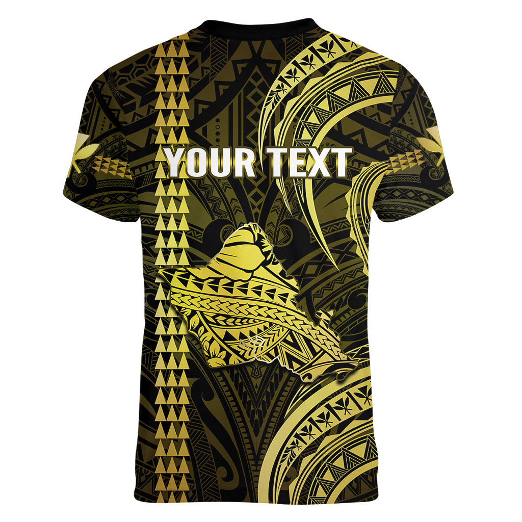 Personalised Hawaiian Islands Women V Neck T Shirt Oahu Map Yellow Kanaka With Kakau LT14 - Polynesian Pride