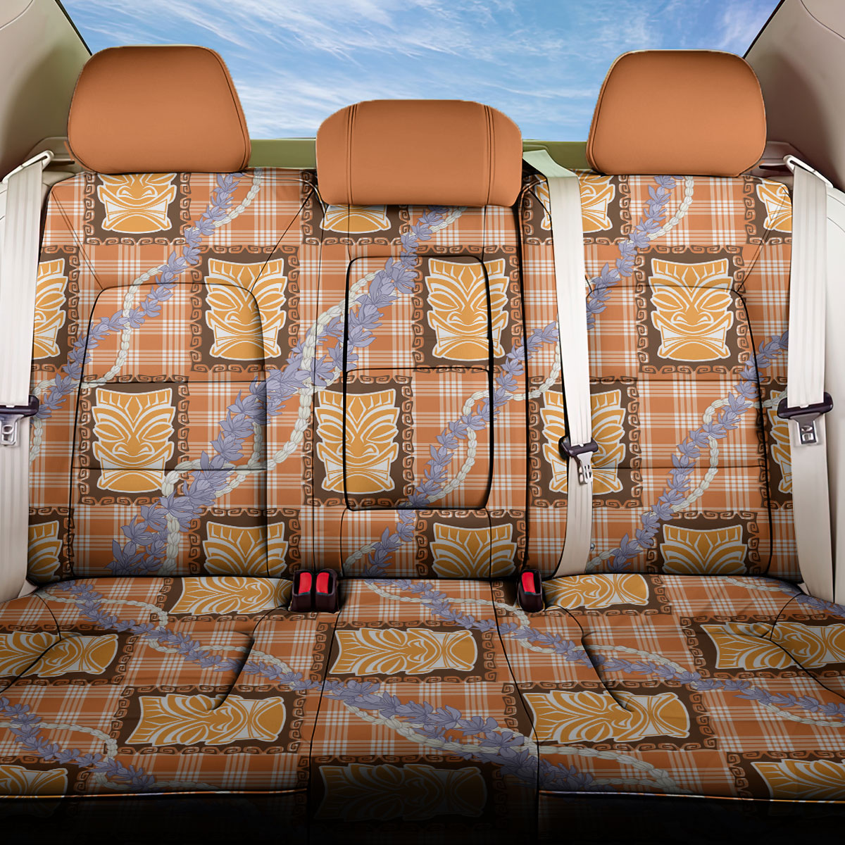 Aloha Hawaii Tiki Palaka Motifs Back Car Seat Cover Honohono Lei Orange Elegant Vibes