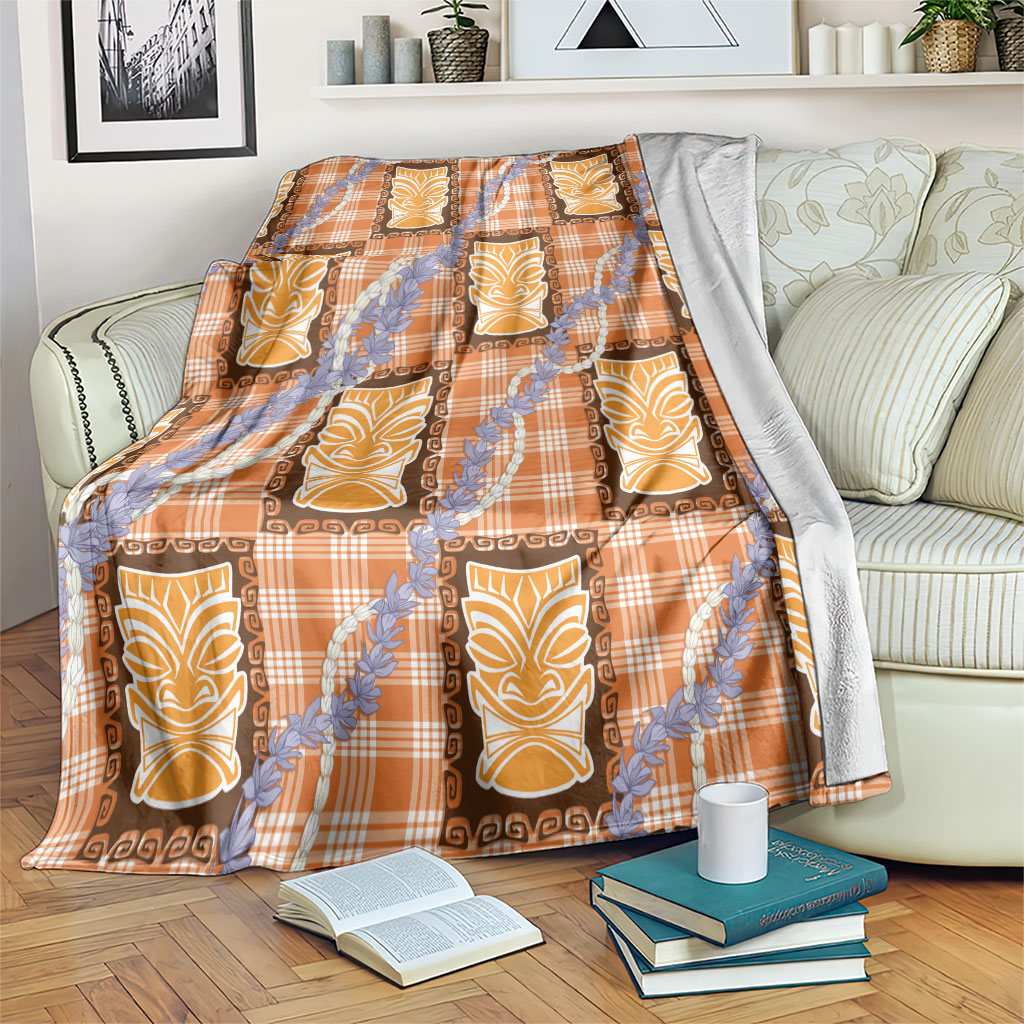 Aloha Hawaii Tiki Palaka Motifs Blanket Honohono Lei Orange Elegant Vibes